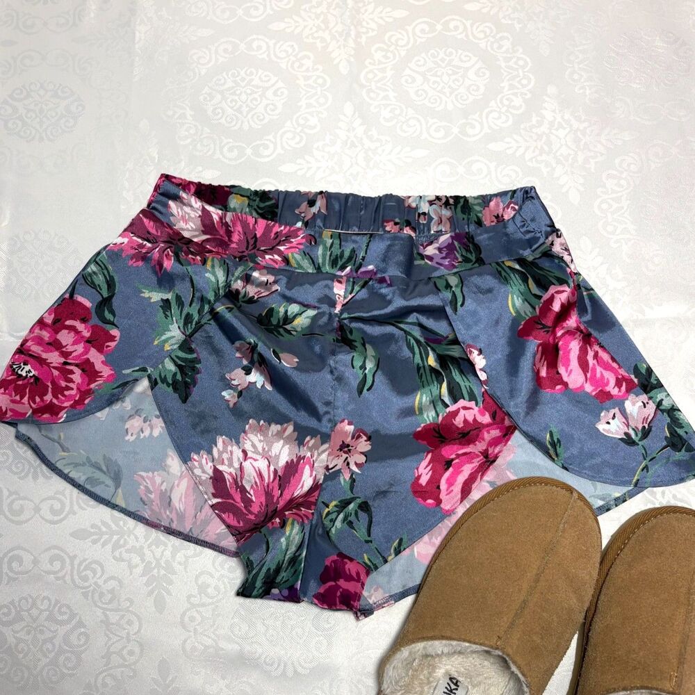 Victoria's Secret Sleep Shorts Satin Sexy Silky Floral Tulip Flutter Blue Small